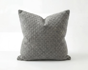 Dusty Blue Embossed Cushion Cover, Velvet Textured Throw Pillow, Modern Geometric Decor