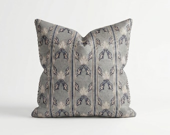 Slate Blue Goblen Striped Pillow Cover, Vintage Classic Floral Cushion, French Country Decor