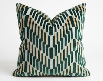 Emerald Green and Beige Geometric Cut Velvet Pillow Cover, Decorative Cushion