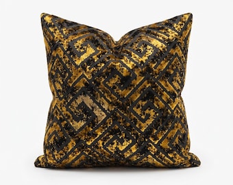 Black and Gold Geometric Velvet Accent Pillow Cover, Luxury Sofa Decor