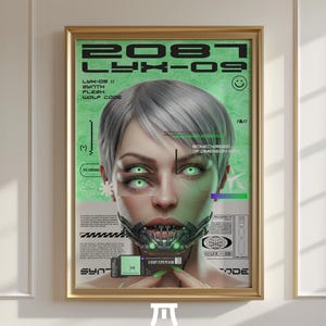 May include: Framed poster with a futuristic design. The artwork features a woman with glowing green eyes and a cybernetic mouth. The poster has green and white text, including "2087 LYX-09" and other technical terms. The frame is gold.