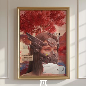 Könnte beinhalten: Gerahmter Kunstdruck mit einer Frau mit futuristischer Maske und Kopfbedeckung. Das Kunstwerk hat ein rotes und braunes Farbschema, mit dem Wort "Saelra" oben. Der Druck ist in einem goldenen Rahmen und hängt an einer weißen Wand.