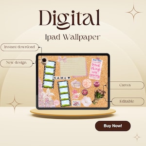 Könnte beinhalten: Digitales iPad-Hintergrundbild mit Korktafel-Design, verziert mit Filmstreifen, Blumen und einer Schleife. Der Text enthält "Sofort-Download", "Neues Design", "Canva" und "Bearbeitbar". Ein "Jetzt kaufen!"-Button ist ebenfalls vorhanden.