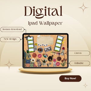 Könnte beinhalten: Digitales iPad-Hintergrundbild mit Korktafel-Design. Das Design umfasst Filmstreifen, ein leeres Papier und verschiedene dekorative Elemente. Der Text auf dem Bild lautet "Digital iPad Wallpaper", "Instant download", "New design", "Canva", "Editable" und "Buy Now!"