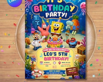 Sponge Birthday Invitation, Editable Kids Party Invite (Digital Canva Download)
