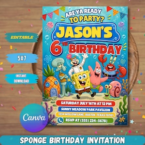 May include: A rectangular birthday invitation card featuring SpongeBob SquarePants characters including Patrick, Squidward, Sandy, Mr. Krabs, and Gary. The text reads: Are ya ready to party? Jason's 6th Birthday, Saturday July 16th at 12 PM, Sunny Meadow Park Pavilion, 1234 Willow Lane, Austin, Texas 78701, RSVP at (555) 234-5678.