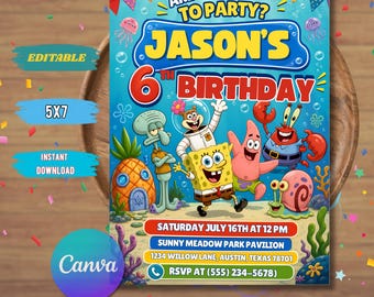 Schwamm-Geburtstagseinladung | Bearbeitbare 5x7 Cartoon-Partyeinladung (Digitaler Download)