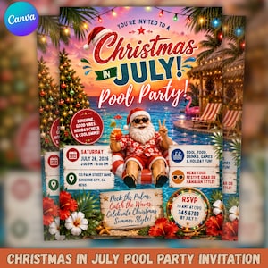 Christmas in July Pool Party Invitation, Tropical Summer Invite, Canva Template (Digital Download)