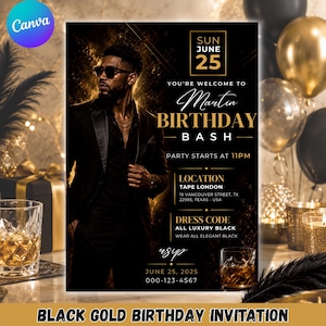 Pode incluir: Um folheto de convite de aniversário em preto e dourado com um homem de terno preto e óculos escuros. O texto diz: SUN JUNE 25, YOU'RE WELCOME TO Martin BIRTHDAY BASH, PARTY STARTS AT 11PM, LOCATION TAPE LONDON 19 VANCOUVER STREET, TX 22985, USA.