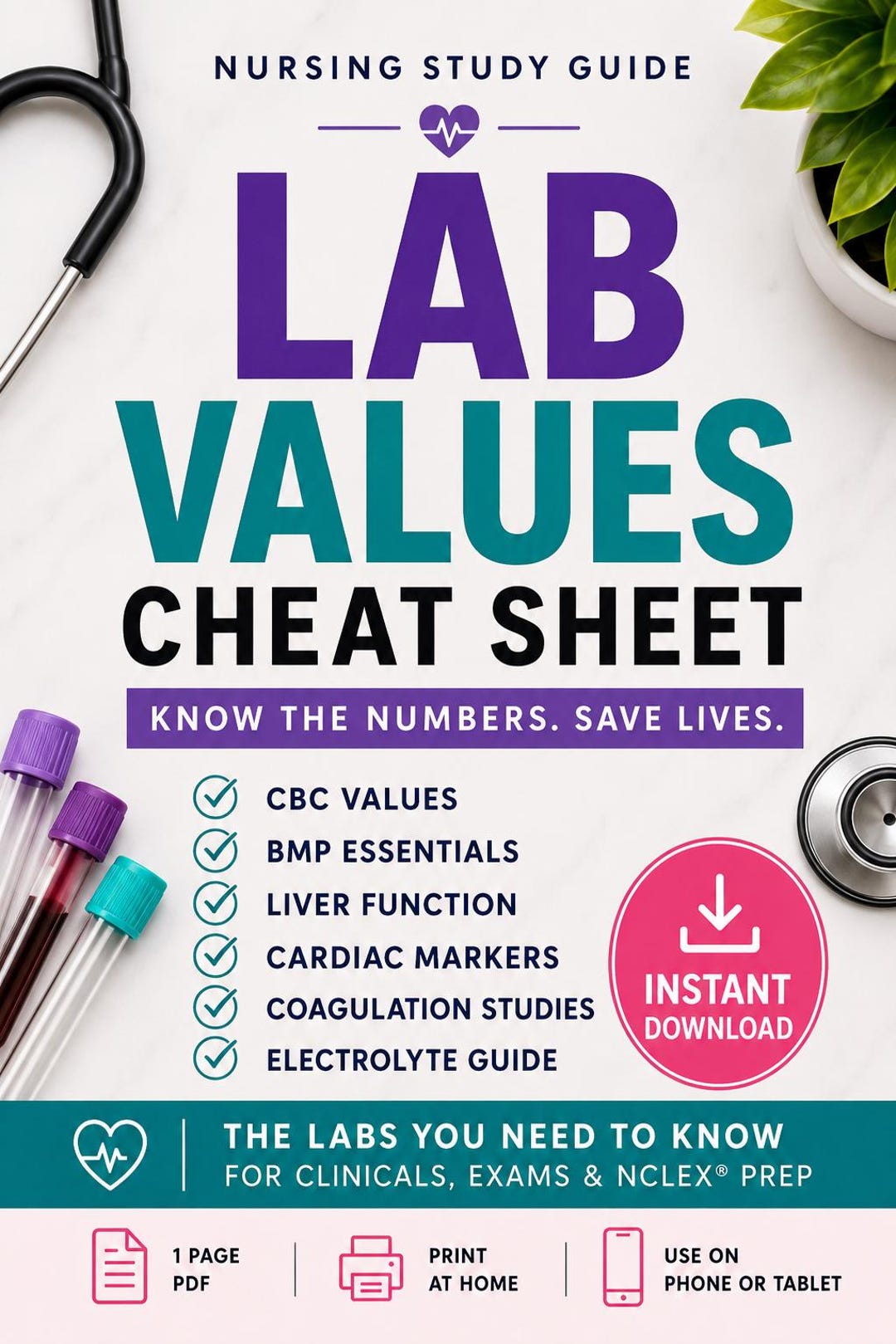 Lab Values Cheat Sheet PDF | Nursing School Study Guide | NCLEX Lab ...
