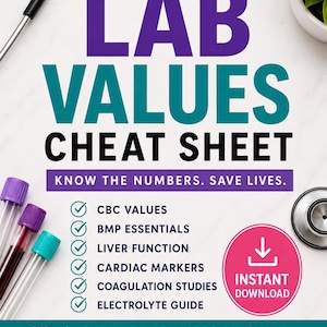 May include: A nursing study guide titled "LAB VALUES CHEAT SHEET" with teal and purple text. The guide lists CBC values, BMP essentials, liver function, cardiac markers, coagulation studies, and electrolyte guide. Includes a pink "Instant Download" button.