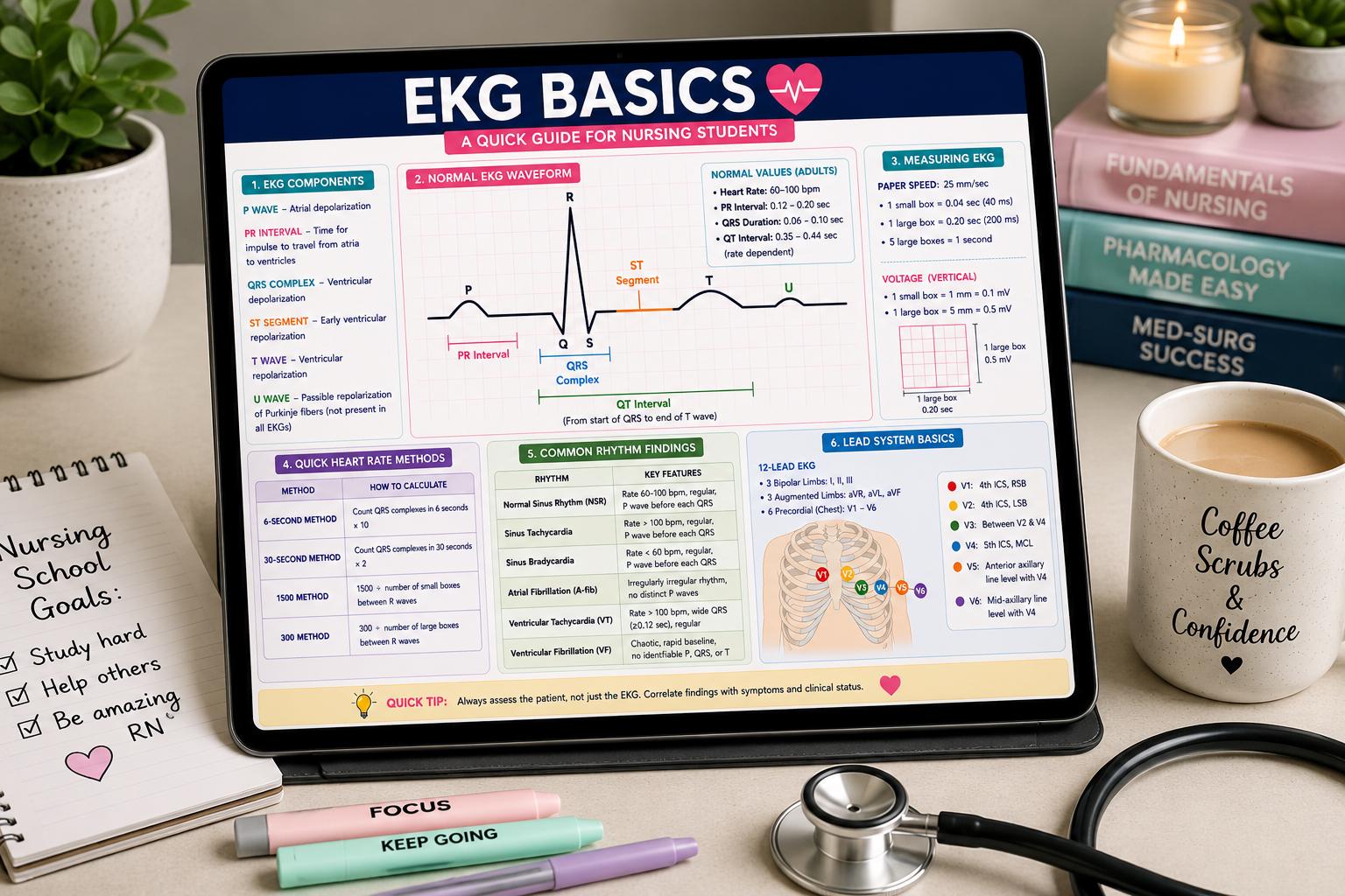 EKG Basics Cheat Sheet | Nursing School Study Guide, NCLEX Cardiac ...