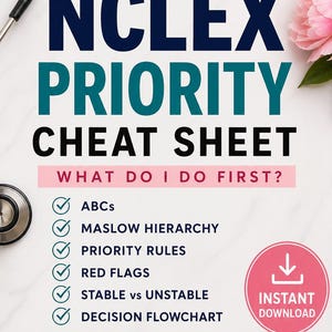 May include: A study guide for nursing students, featuring the text "NCLEX Priority Cheat Sheet." The guide includes topics like ABCs, Maslow Hierarchy, and Red Flags. A pink flower and a stethoscope are visible.