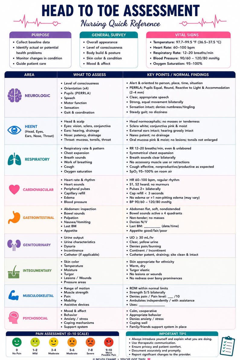 Head to Toe Assessment Cheat Sheet PDF | Nursing School Study Guide ...