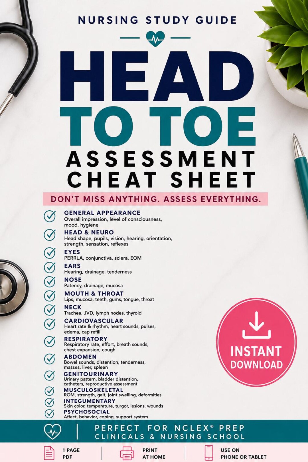 Head to Toe Assessment Cheat Sheet | Nursing School Study Guide ...