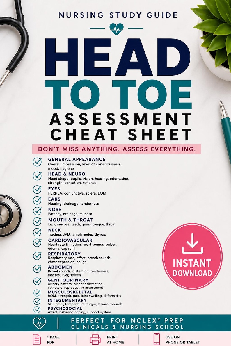 Head to Toe Assessment Cheat Sheet | Nursing School Study Guide ...