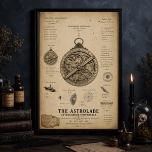 May include: A framed vintage-style poster titled The Astrolabe Astrolabium Universale, featuring detailed technical illustrations of an astrolabe, including front and side views, altitude measurements, and celestial coordinates on a beige parchment background.