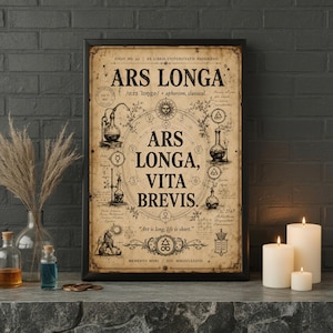 May include: A rectangular framed wall art print on aged parchment paper featuring the text Ars Longa, Vita Brevis. The design includes black ink illustrations of alchemical glassware, a sun, a lion, and various symbols in a vintage style.