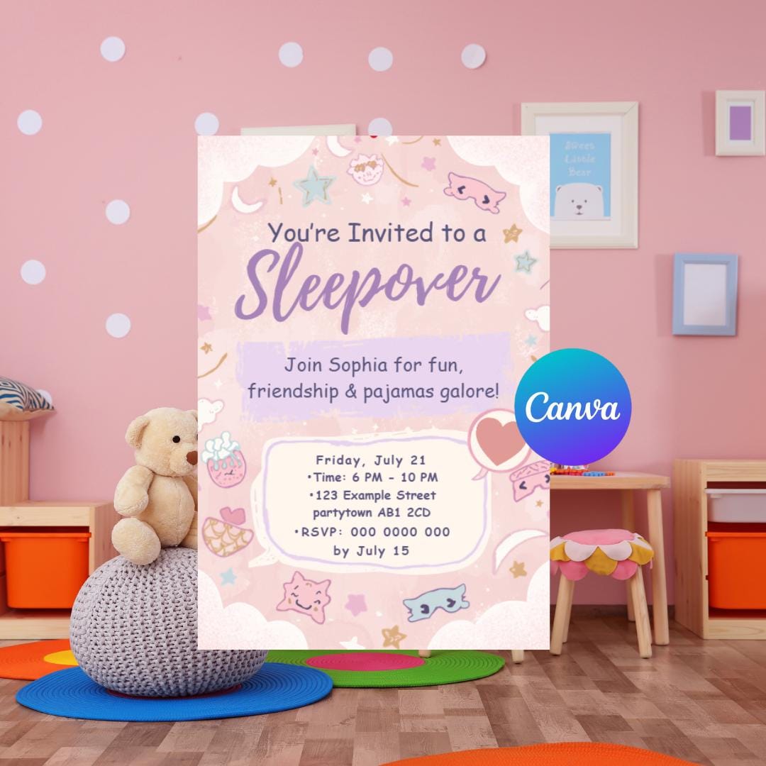 Pastel Sleepover Invitation Girls Pajama Party Editable Template pastel-sleepover-invitation-girls-pajama-party-editable-template