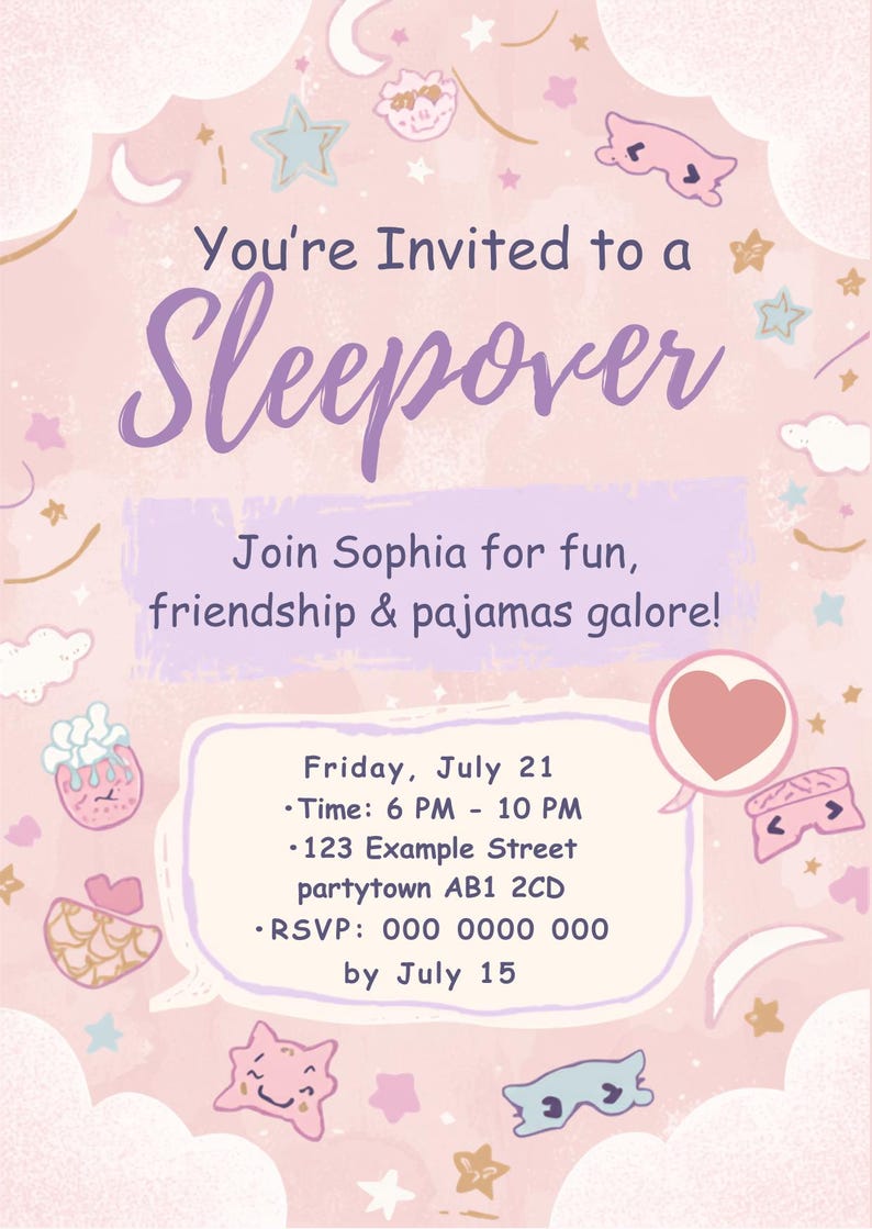 Pastel Sleepover Invitation Girls Pajama Party Editable Template pastel-sleepover-invitation-girls-pajama-party-editable-template