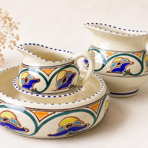 May include: A cream-colored ceramic pitcher, small pitcher, and bowl set. The set features a repeating pattern of blue, yellow, and orange floral designs with green and brown accents. The rims are decorated with blue dots.