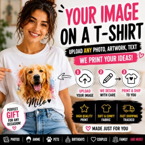 Peut inclure: T-shirt blanc avec un portrait de golden retriever nommé Milo, de style aquarelle. Le design comprend le texte "YOUR IMAGE ON A T-SHIRT" et des instructions pour télécharger une photo, une œuvre d'art ou du texte. Le texte supplémentaire promeut une impression de haute qualité, un tissu doux et une expédition rapide.