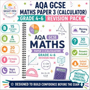 May include: A spiral-bound AQA GCSE Maths Paper 3 calculator revision pack with a white cover featuring mathematical diagrams, a purple calculator, and text including 15 printable pages, 6 crib sheets, 20 easy marks, and 30 quick questions.