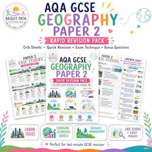 May include: A colorful AQA GCSE Geography Paper 2 rapid revision pack featuring multiple educational sheets. The materials include crib sheets, quick revision guides, exam techniques, and bonus questions covering urban issues, economic world, and resources.