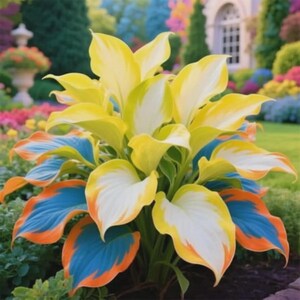 Könnte beinhalten: Eine lebendige Hosta-Pflanze mit großen, bunten Blättern. Die Blätter zeigen eine auffällige Farbkombination: leuchtendes Gelb, Weiß, Blau und Orange. Die Pflanze steht in einem üppigen Garten mit einer Vielzahl bunter Blumen und Grünpflanzen.