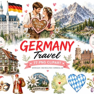 Könnte beinhalten: Eine digitale Sammlung von Deutschland-Aquarell-Cliparts mit einem Paar, das ein herzförmiges Lebkuchenherz mit der Aufschrift Ich Liebe Dich hält, Schloss Neuschwanstein, einer Deutschlandflagge, Alpenbergen und einer Maske.