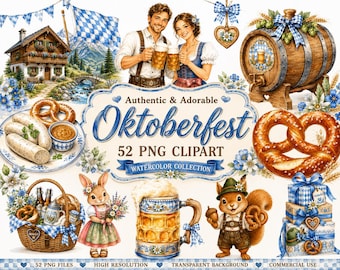 Oktoberfest Watercolor Clipart Bundle – 52 PNG Bavarian Beer Festival Elements (Digital Download)