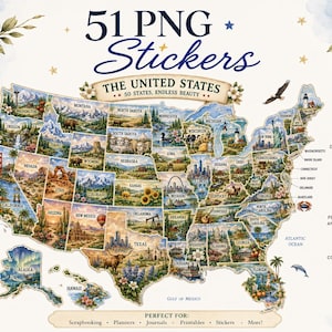 Op de afbeelding: Een digitale collectie van 51 PNG-stickers met een kaart van de Verenigde Staten. Elke staat is geïllustreerd met iconische bezienswaardigheden, wilde dieren en natuurlijke landschappen. De tekst luidt 51 PNG Stickers, The United States, 50 States, Endless Beauty.
