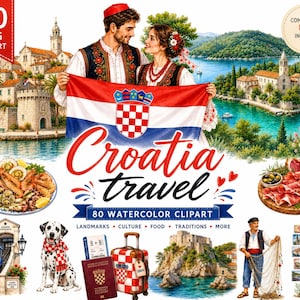May include: A digital collection of 80 watercolor clipart images featuring Croatian travel themes, including a couple holding a Croatian flag, coastal landscapes, seafood, cured meats, a funicular, a Dalmatian dog, a passport, and a suitcase.