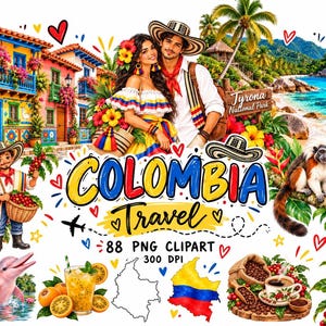 Può includere: Un set grafico digitale con illustrazioni della Colombia, tra cui una coppia in abiti tradizionali, un raccoglitore di caffè, un tamarino edipo, un delfino rosa, chicchi di caffè, frutti tropicali, una mappa e il testo Colombia Travel 88 PNG Clipart 300 DPI.