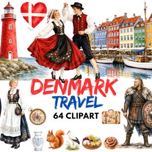 Puede incluir: Una colección digital de 64 ilustraciones clipart con temática de viajes a Dinamarca, que incluye un faro rojo, una bandera danesa en forma de corazón, una pareja con trajes tradicionales, edificios coloridos de Nyhavn, un vikingo, una ardilla, una cigüeña y comida.