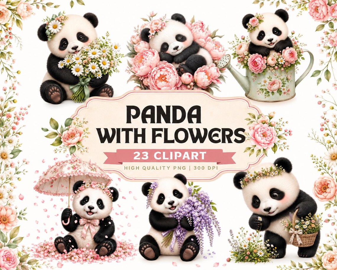 Baby Panda With Flowers Clipart Bundle ,floral Panda Watercolor ...