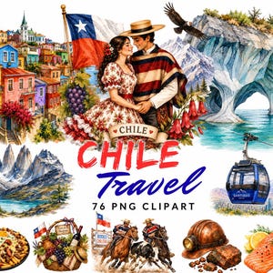 Chile Travel Watercolor Clipart Bundle, Landmarks, Culture, Food (76 PNG Files)