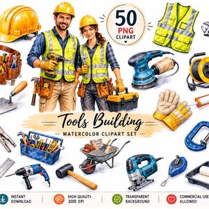 Könnte beinhalten: Eine Sammlung von Aquarell-Cliparts zum Thema Bauwesen mit zwei Arbeitern in Warnwesten, einem gelben Schutzhelm, einem Werkzeuggürtel, einer Schubkarre, einer Leiter, einer Bohrmaschine, einem Hammer, einem Maßband und verschiedenen Werkzeugen.