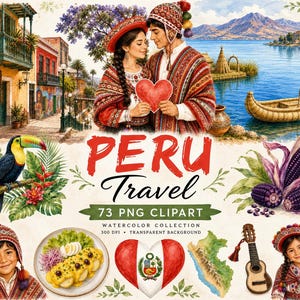 Puede incluir: Una colección digital de ilustraciones en acuarela con temas peruanos, incluyendo una pareja sosteniendo un corazón, un tucán, maíz morado, una guitarra, un mapa de Perú, un plato de comida y el texto PERU Travel 73 PNG CLIPART WATERCOLOR COLLECTION.