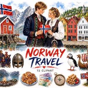 以下が含まれることがあります： Norway Travel 72 Clipartというタイトルのデジタルイラストセット。伝統的な衣装を着たカップル、ノルウェーの国旗、バイキングの兜、ツノメドリ、木造船、シナモンロール、ノルウェーの通貨、コンパス、キャンプファイヤーのシーンが描かれています。