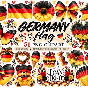 Puede incluir: Una colección de imágenes prediseñadas digitales con los colores de la bandera alemana negro, rojo y dorado. Los elementos incluyen una bandera, mariposa, ramo de flores, oso de peluche, cupcake, helado, calabaza y el texto GERMANY flag 51 PNG CLIPART.
