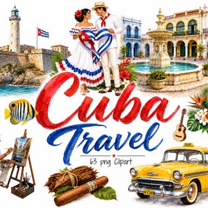 Puede incluir: Un conjunto de ilustraciones digitales con el texto Cuba Travel 63 png Clipart, un faro, una pareja con ropa tradicional, una fuente, un tambor conga, un pez tropical, un pintor, puros, una guitarra, flores tropicales y un taxi amarillo.
