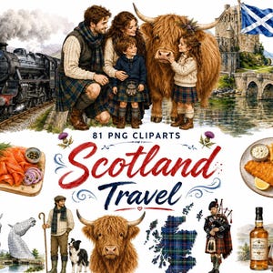 Pode incluir: Uma coleção digital de 81 cliparts PNG intitulada Scotland Travel, apresentando um trem a vapor, uma família em kilts xadrez, uma vaca das Terras Altas, um castelo de pedra, salmão defumado, peixe com batatas e whisky.