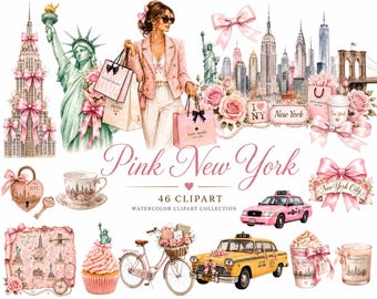 Pink New York Watercolor Clipart Bundle  46 Chic NYC Fashion Elements | Coquette  Style