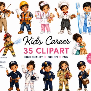 Puede incluir: Una colección de 35 ilustraciones digitales que muestran a niños en diversos roles profesionales, incluyendo violinista, trabajador de la construcción, enfermero, chef, dentista, bombero, veterinario, mecánico, astronauta, policía y cartero.