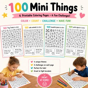 May include: Four printable coloring pages titled 100 Mini Things featuring black and white line art of treats, animals, plants, and objects. Each page includes two challenges with counting tasks and timer icons. The set includes 4 unique themes.