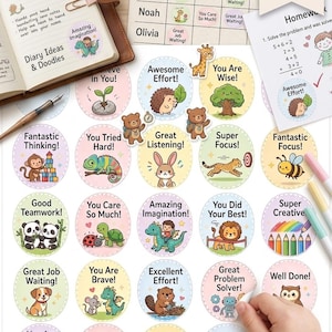 Peut inclure: Une planche d'autocollants circulaires illustrés d'animaux en dessin animé et de phrases encourageantes comme "Great Job Waiting!" et "You Are Brave!", accompagnés d'un tableau de suivi, d'un journal et d'un ruban à mesurer.