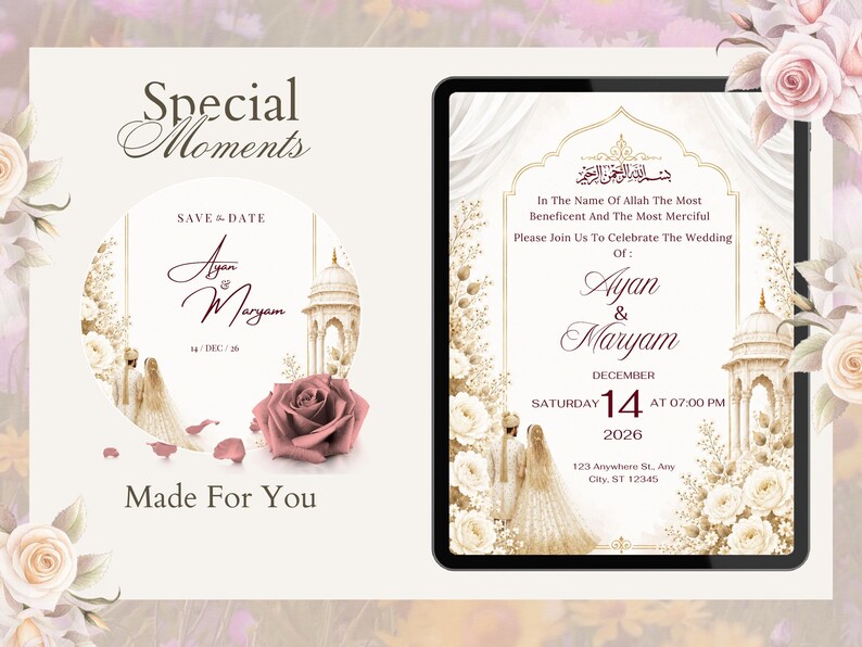 Islamic Wedding Invitation Template | Burgundy Gold Floral Nikah Invite ...