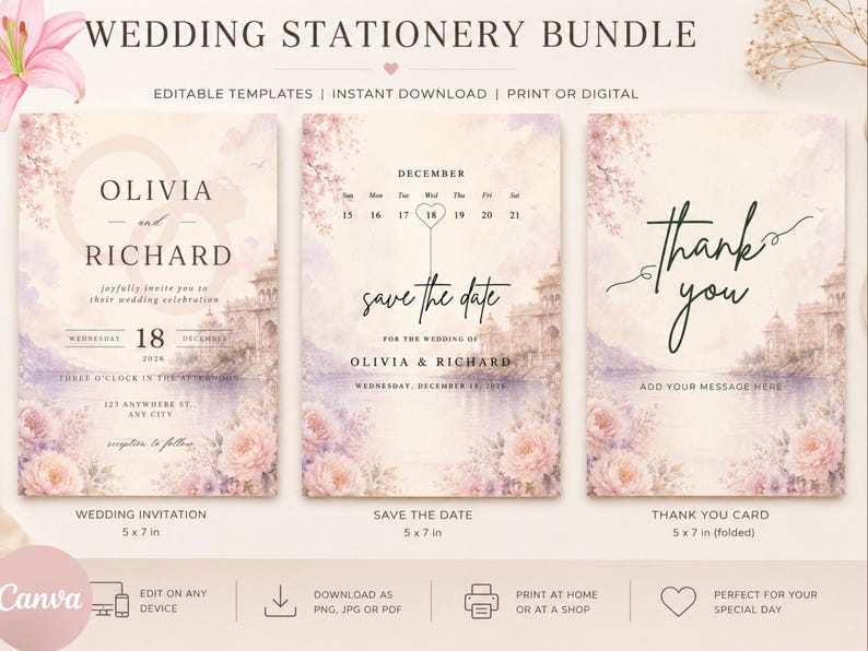Elegant Floral Wedding Invitation Template: Blush Pink, Modern Design ...