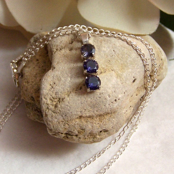 Sterling 3 Stone Pendant Artisan Altered Authentic Vintage Genuine Iolite Water Sapphire Gemstone Wedding Jewelry Necklace